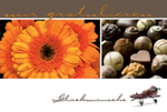 Gl&uuml;ckwunschkarte &raquo;Gerbera und Pralinen&laquo;, 170x115 mm