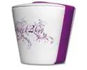 Snack2Go wei&szlig; mit lila Banderole, Ornament und Schrift &raquo;Snack2Go&laquo;