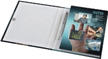 KombiSet in Bookcover, 2 Haftnotizblöcke, 5 FilmMarker, Notizblock, halboffen