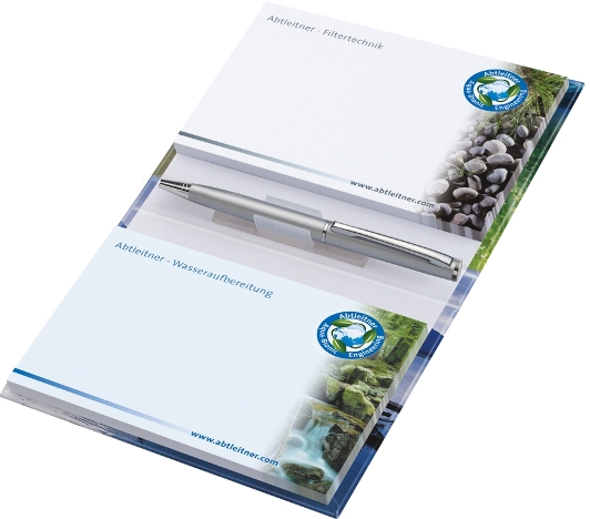 MiniOffice mit 2 Bl&ouml;cken und eiinem Metall-Kugelschreiber in Bookcover, offen 