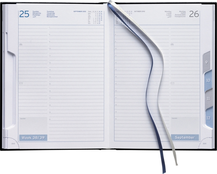 Tagesbuchkalender &raquo;Club-842&laquo;, 8sprachig, grau/blau, 145x205 mm, Registerstanzung