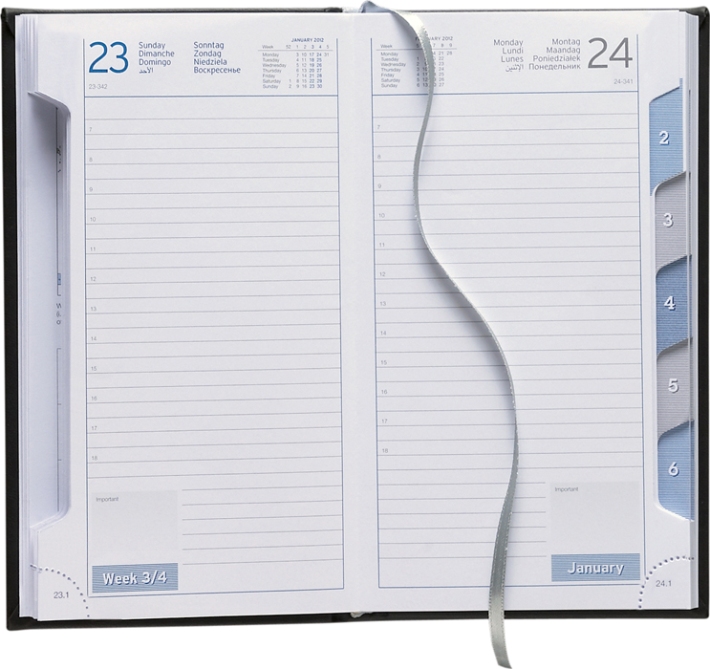 Tagesbuchkalender &raquo;Travel-Timer&laquo;, 8sprachig, grau/blau, 145x188 mm, Registerstanzung