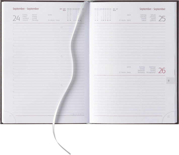 Tagesbuchkalender &raquo;Classic-861&laquo;, 8sprachig, grau/burgund, 145x205 mm, Sa/So 1 Seite
