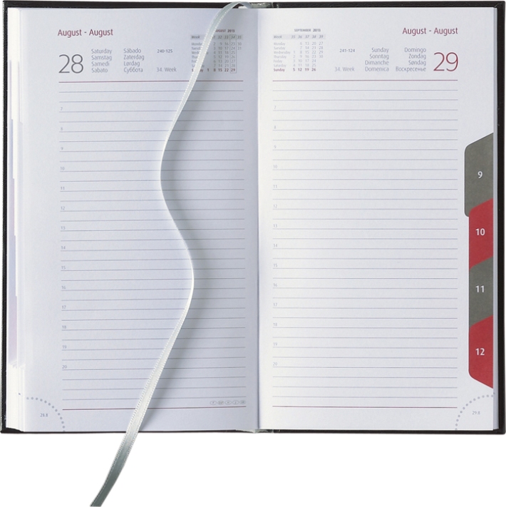 Tagesbuchkalender &raquo;Travel-Timer&laquo;, 8sprachig, grau/burgund, 145x188 mm, Registerstanzung