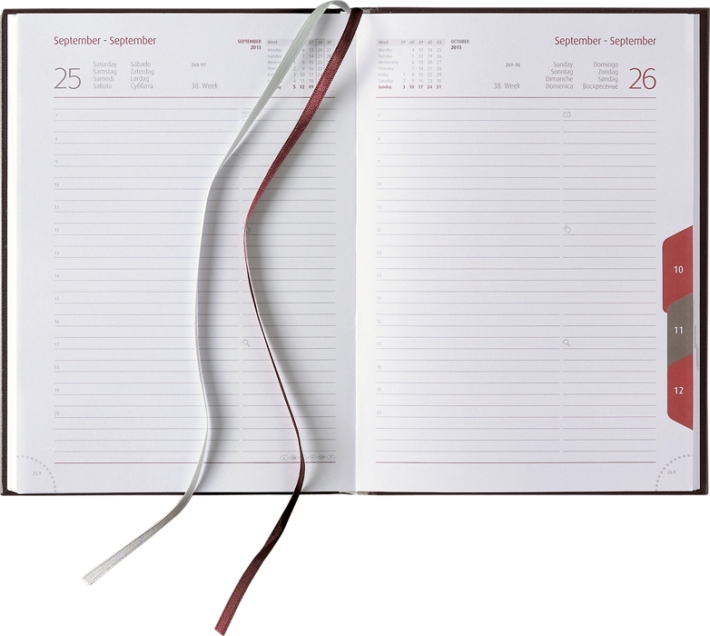 Tagesbuchkalender &raquo;Classic-864&laquo;, 8sprachig, grau/burgund, 145x205 mm, Registerstanzung